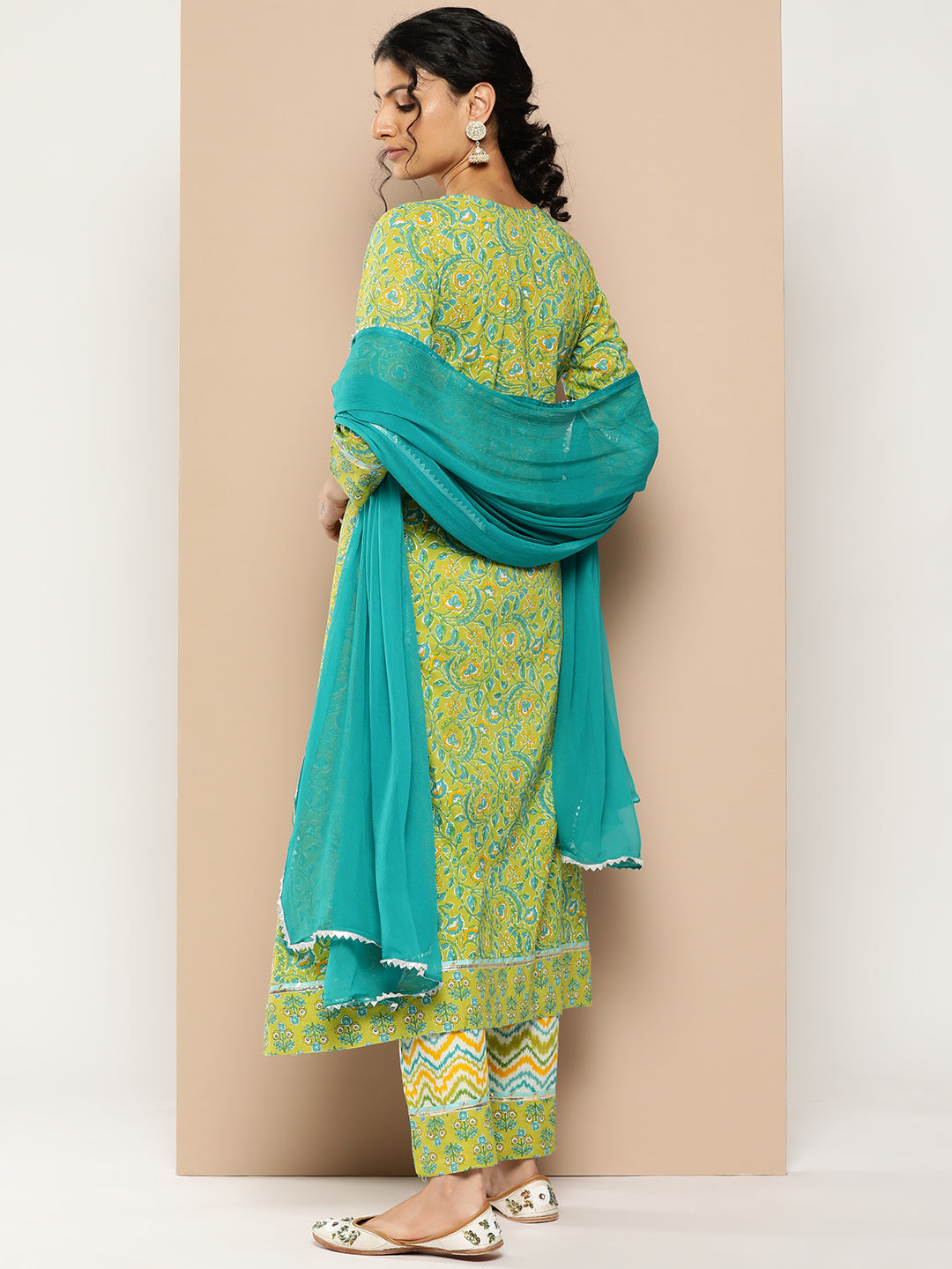 KSUT (House of Varanga) Green Floral Printed A-Line Kurta Paired With Printed Palazzo And Chiffon Dupatta - Distacart