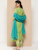 Thumbnail for KSUT (House of Varanga) Green Floral Printed A-Line Kurta Paired With Printed Palazzo And Chiffon Dupatta - Distacart
