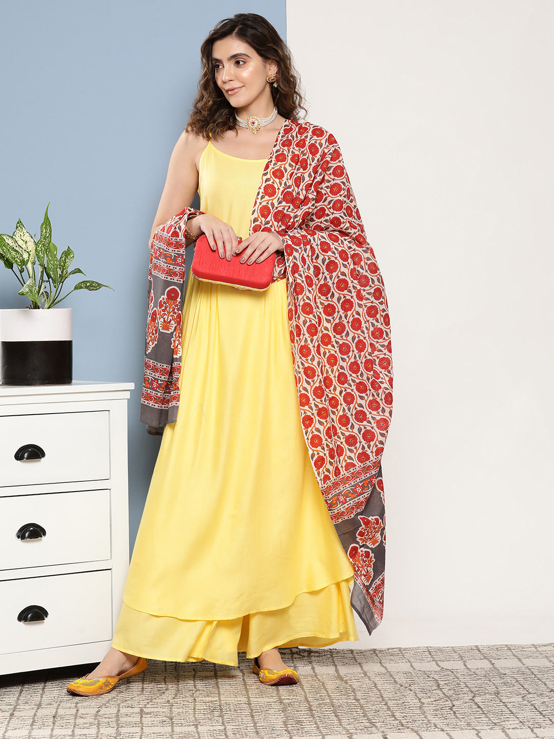 InWeave Women's Light Yellow Ray Strappy Set With Orange Floral Cotton Dupatta - Distacart