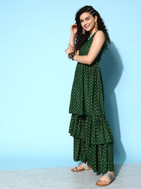 Thumbnail for InWeave Women's Forest Green Gold Print Tiered Sharara Set - Distacart