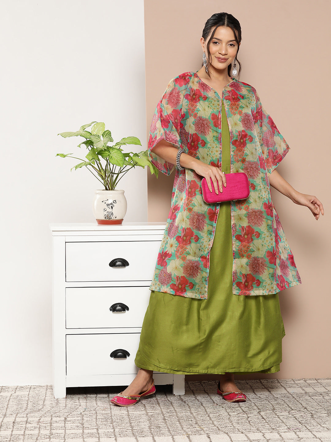 InWeave Women's Olive Green Strappy Set With Pink Green Floral Cape - Distacart