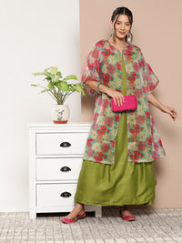 Thumbnail for InWeave Women's Olive Green Strappy Set With Pink Green Floral Cape - Distacart