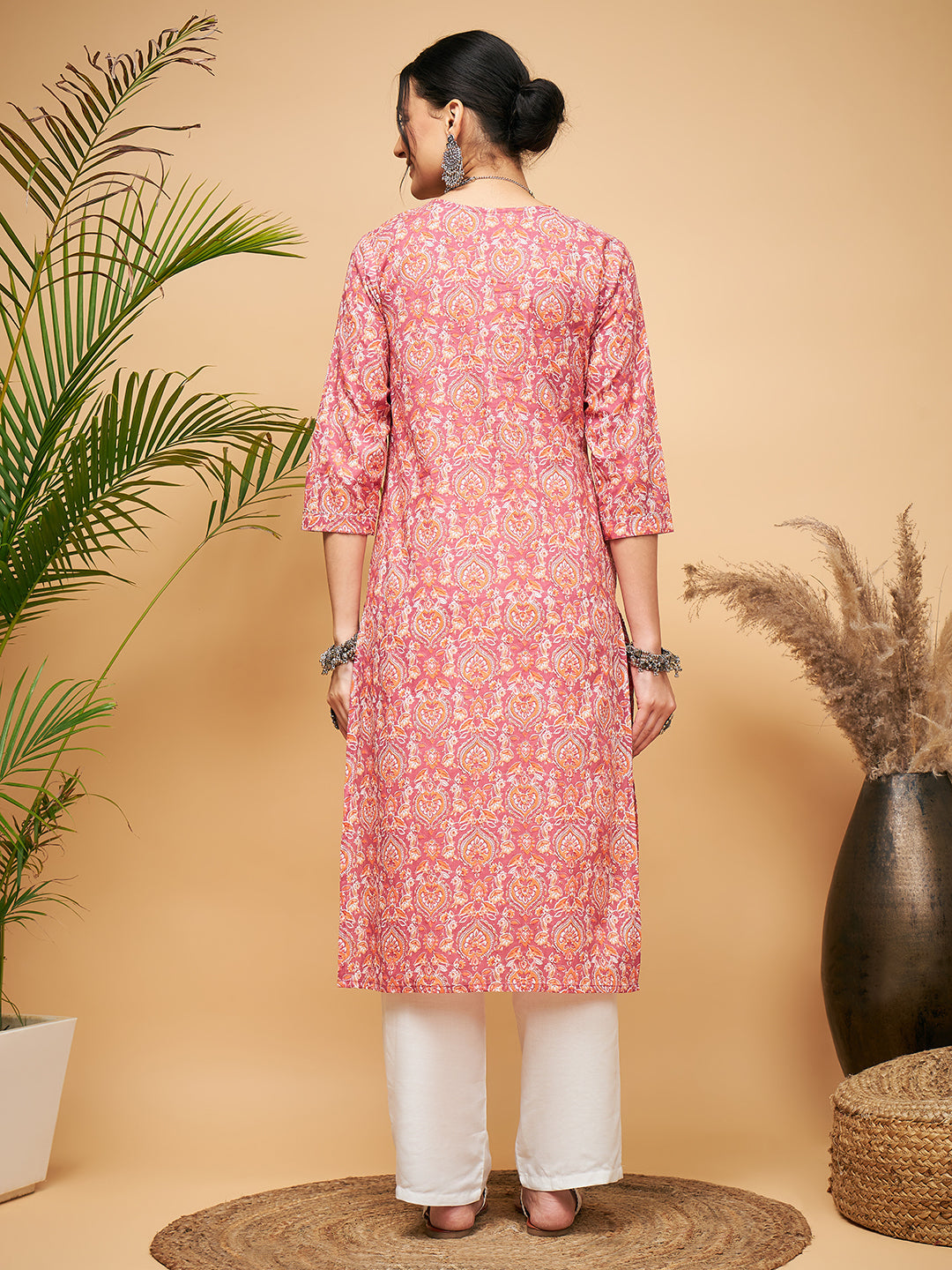 InWeave Women's Dusty Pink Paisley Patch Straight Kurta Pant Set - Distacart