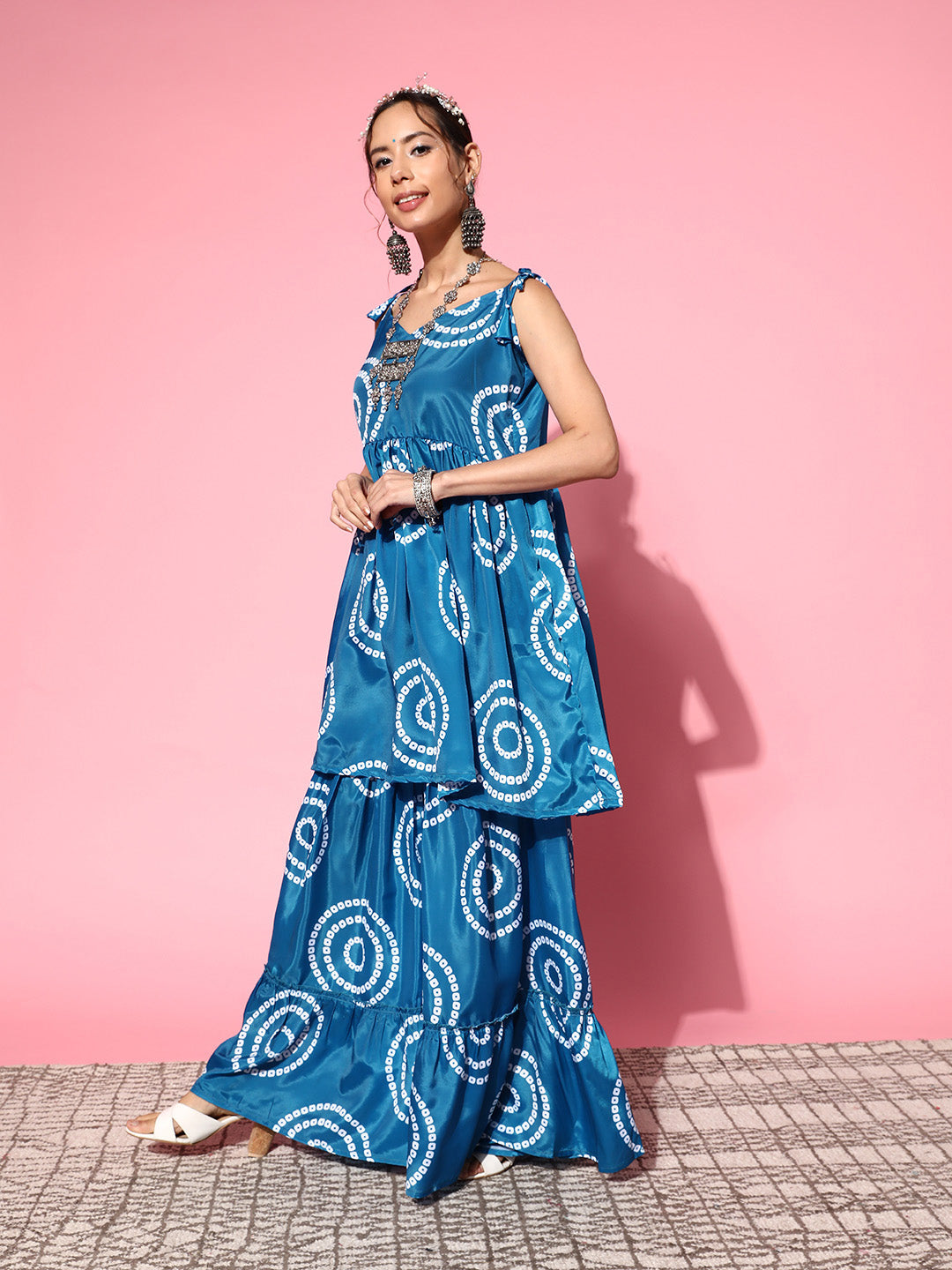 InWeave Women's Blue Bandhani Motif Shoulder Tie Up Kurta Set - Distacart