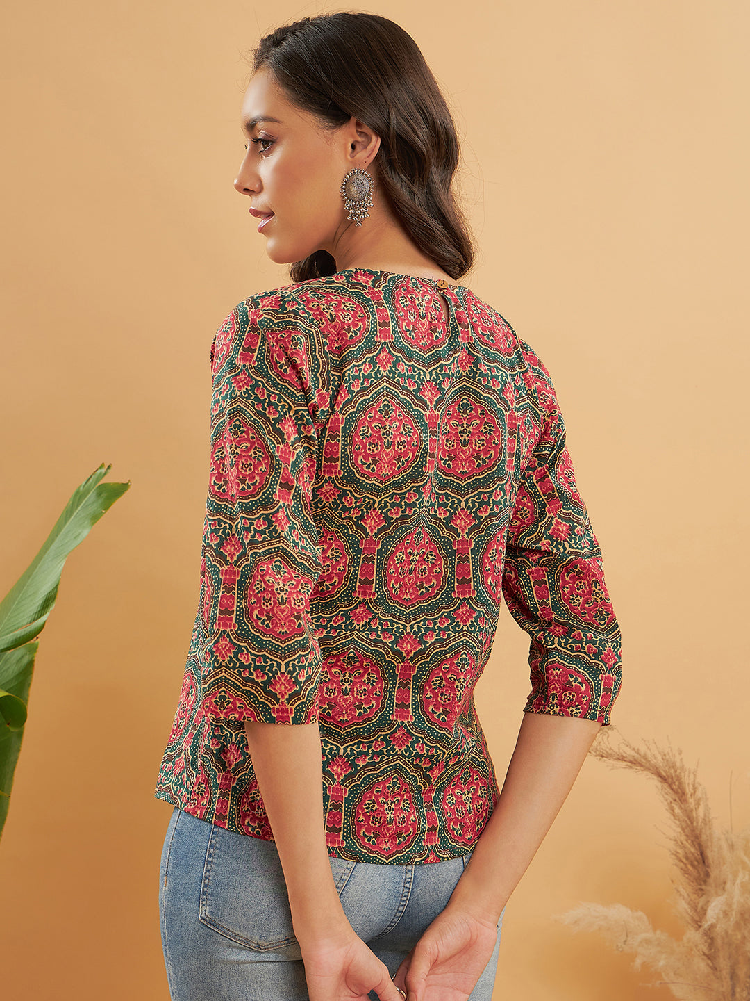 InWeave Women's Green Red Mughal Kalamkari Top - Distacart