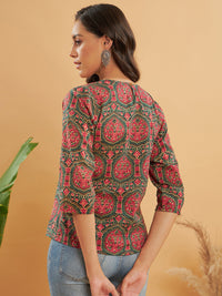 Thumbnail for InWeave Women's Green Red Mughal Kalamkari Top - Distacart