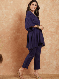 Thumbnail for InWeave Women's Royal Blue Lurex V Neck Gota Kaftan Style Kurta Set - Distacart
