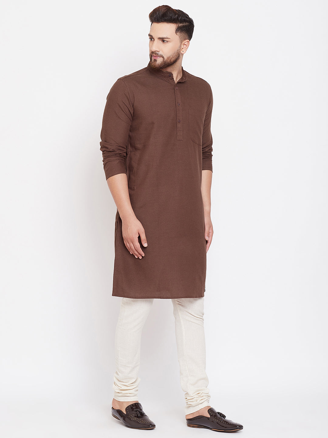 Even Apparels Brown Solid Kurta With Band Collar - Distacart