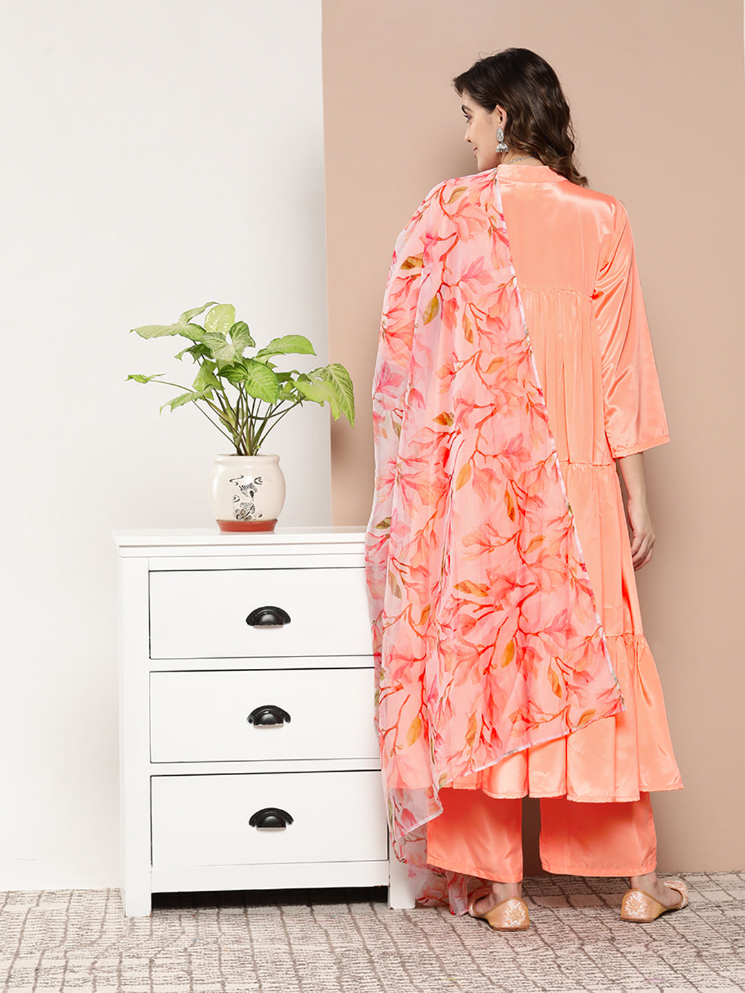 InWeave Women's Peach Tiered Anarkali Kurta Set - Distacart