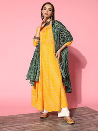 Thumbnail for InWeave Women's Yellow Bandhani Long Anarkali Kurta With Green Bandhani Dupatta - Distacart