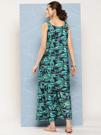 Thumbnail for InWeave Women's Navy Green Big Leaf Print Crepe Kurta Set - Distacart
