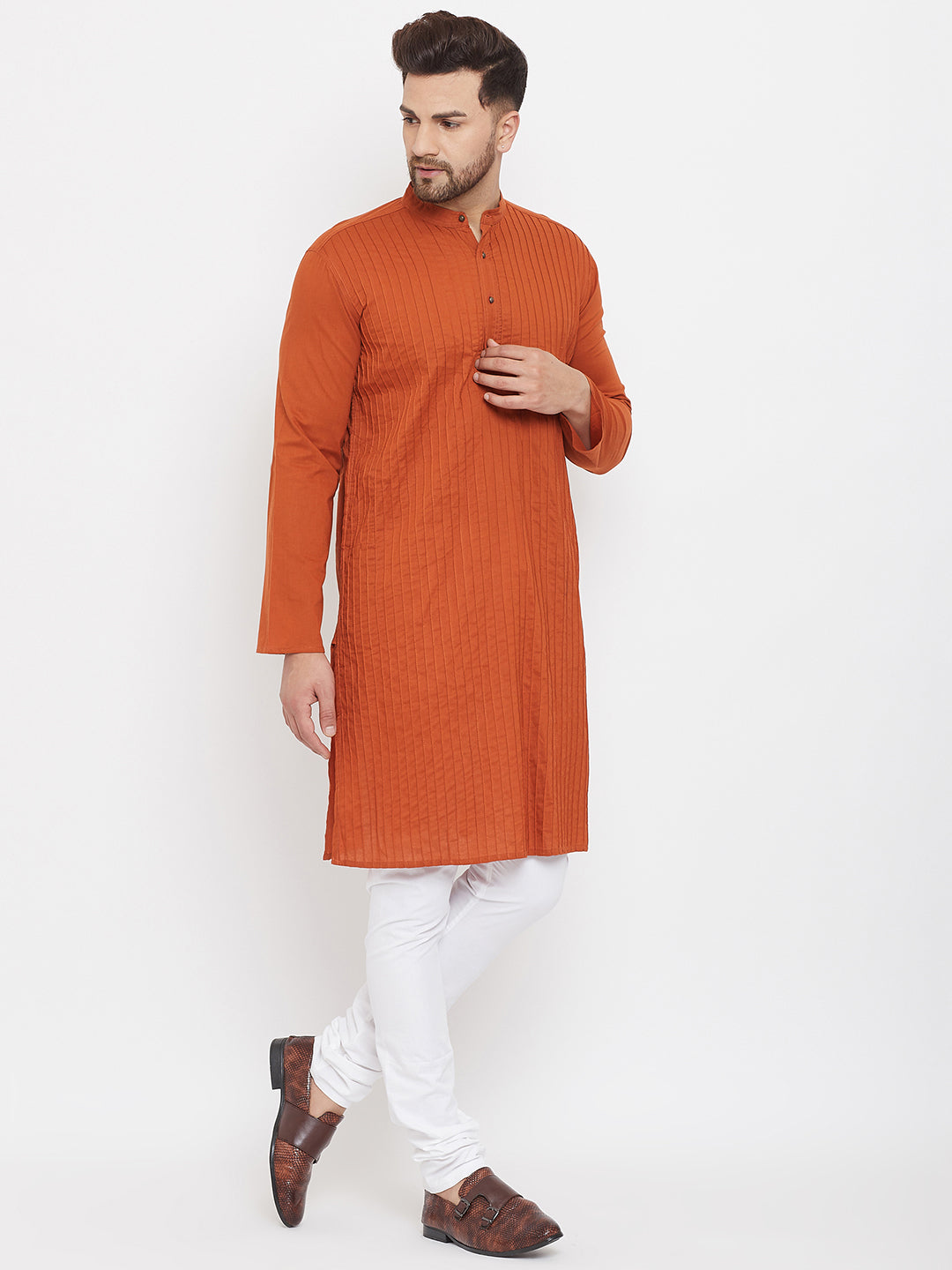 Even Apparels Rust Pure Cotton Kurta With Band Collar - Distacart