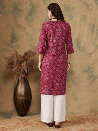 Thumbnail for InWeave Women's Burgundy Maroon Print V Neck Lace Work Straight Kurta - Distacart