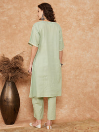 Thumbnail for InWeave Women's Sage Green Kantha Lace Wrok Kimono Sleeve Kurta Set - Distacart