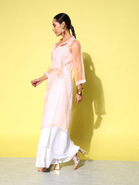 Thumbnail for InWeave Women's Cream Strappy Kurta Set With Peach Organza Cape - Distacart