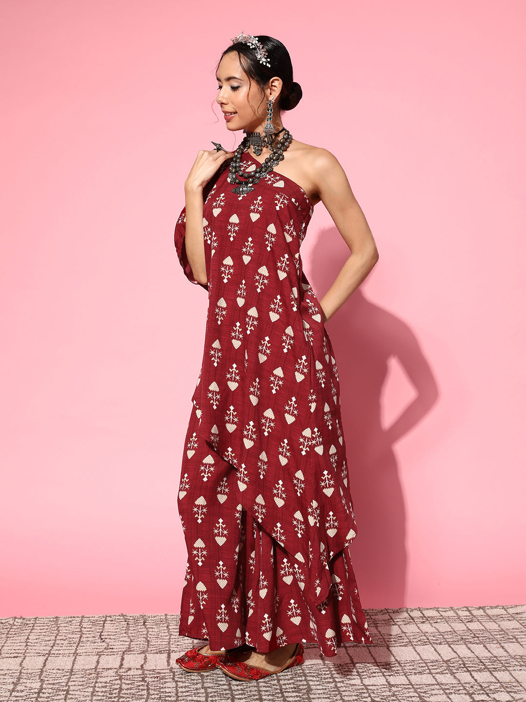 InWeave Women's Maroon Boota One Shoulder Top With Palazzo Set - Distacart