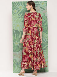 Thumbnail for InWeave Women's Red Tropical Print Gota Long Dress - Distacart