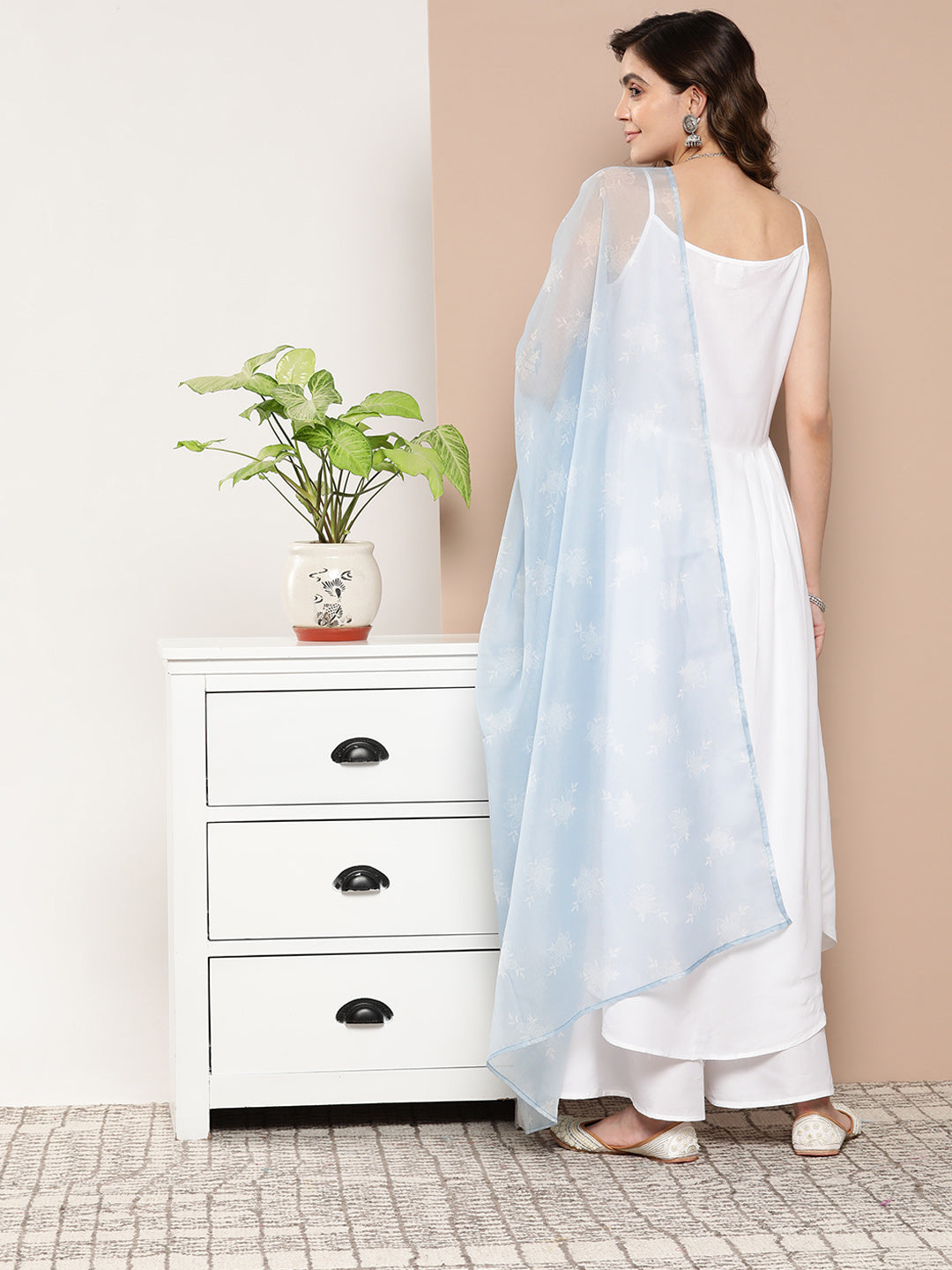 InWeave Women's Cream Strappy With Blue White Chintz Organza Dupatta - Distacart