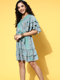 Thumbnail for InWeave Women's Sparky Blue Ruffled Tie Up Dress - Distacart