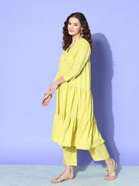 Thumbnail for InWeave Women's Lime Green Flared Kurta Set With Green Organza Dupatta - Distacart