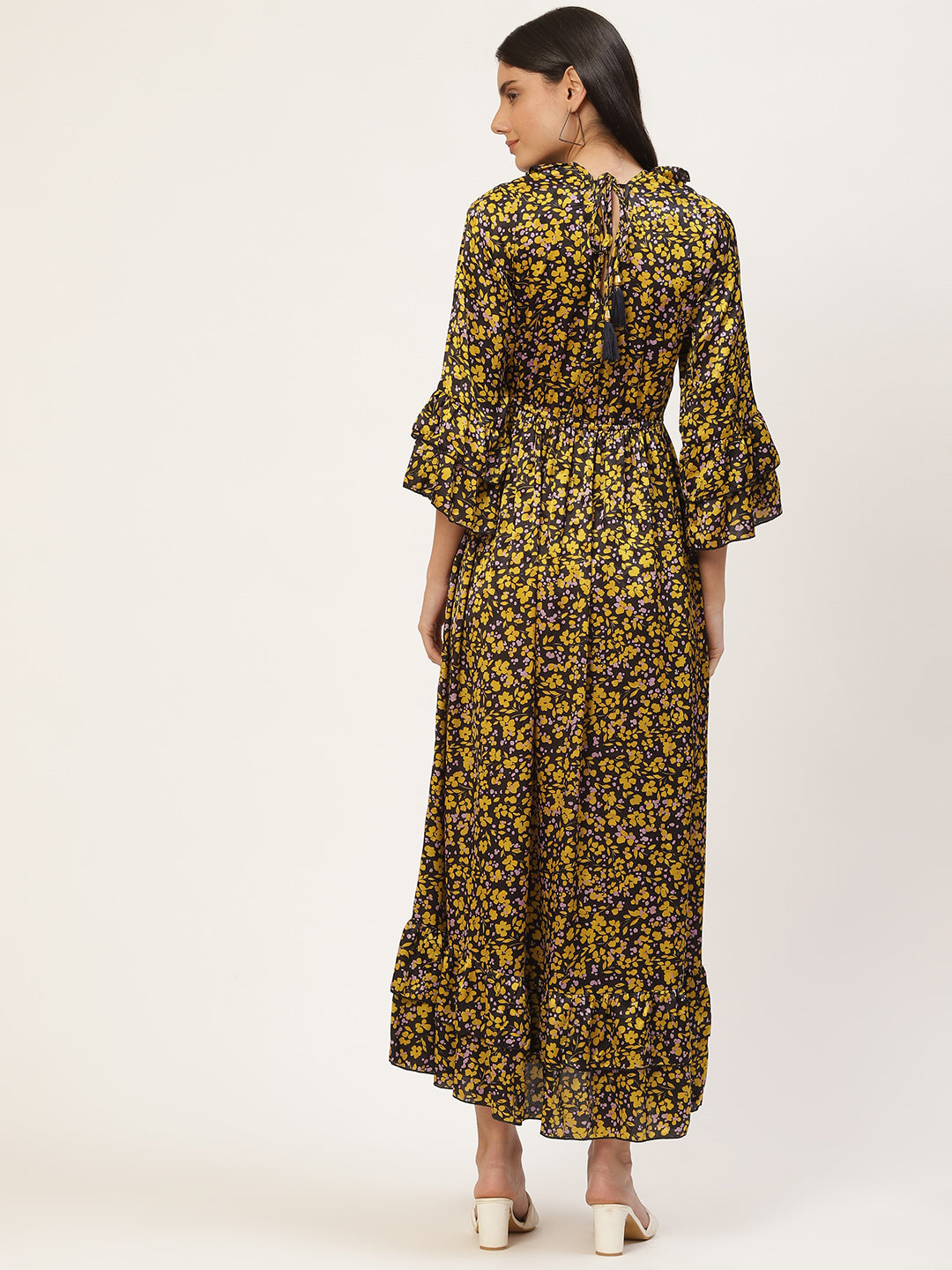 InWeave Women's Mustard Print Ruffled Dress - Distacart