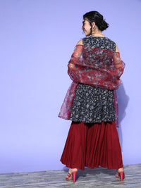 Thumbnail for InWeave Women's Blue Printed Kurta Sharara Set With Burgundy Organza Dupatta - Distacart
