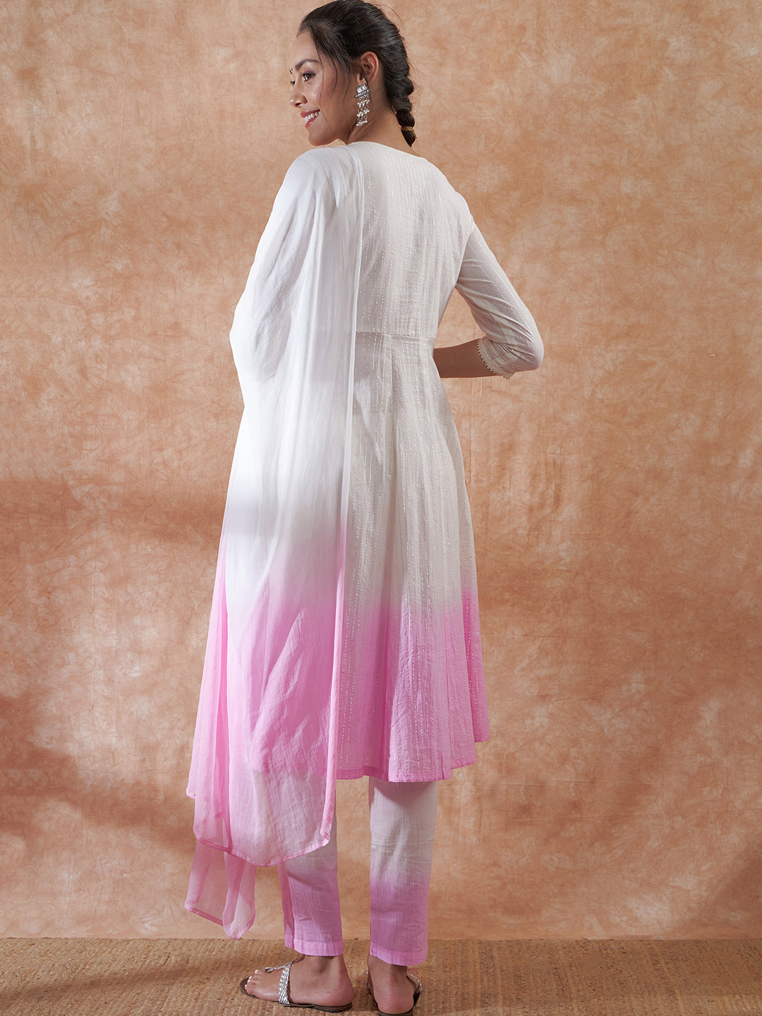 InWeave Women's White Lurex Pink Dye Patch Gota Anarkali Kurta Set W Dupatta - Distacart