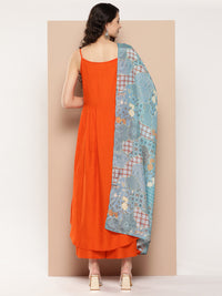 Thumbnail for InWeave Women's Orange Strappy Set With Blue Chinnon Print Silk Dupatta - Distacart