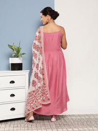 Thumbnail for InWeave Women's Light Pink Ray Strappy Set With Red Big Floral Cotton Dupatta - Distacart