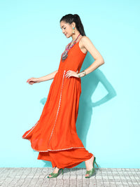 Thumbnail for InWeave Women's Orange Red Gota Strappy Set With Multi Foil Muslin Dupatta - Distacart