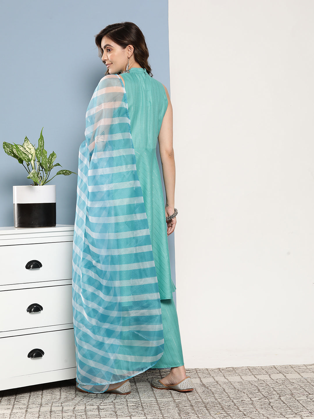 InWeave Women's Teal Lurex Boho Kurta Set With Sky Blue White Leh Dupatta - Distacart