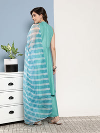 Thumbnail for InWeave Women's Teal Lurex Boho Kurta Set With Sky Blue White Leh Dupatta - Distacart