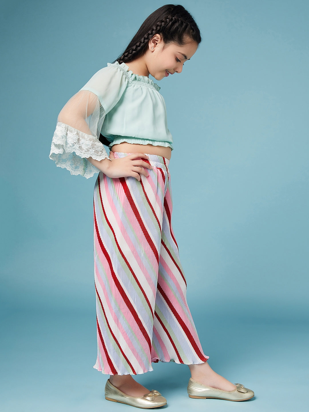 Girls Square Neck Top With Striped Palazzos - Mini Marvels - Distacart