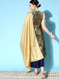 Thumbnail for InWeave Women's Blue Banarasi Halter Kurta Set With Golden Dupatta - Distacart