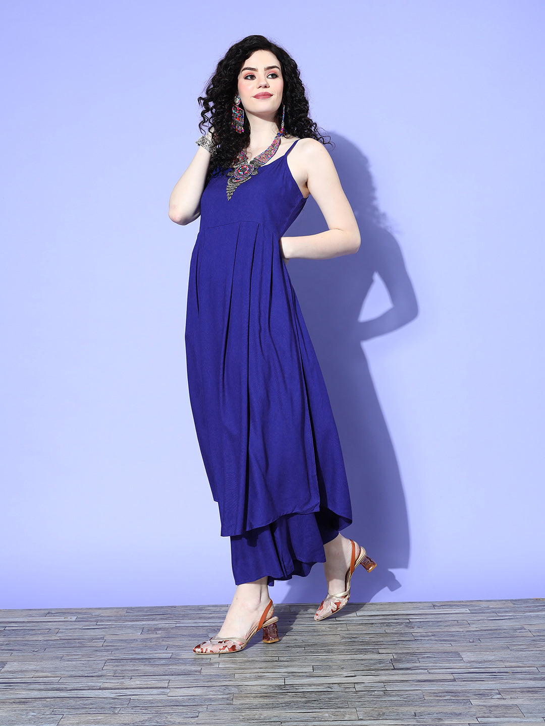InWeave Women's Strappy Set In Ink Blue With Blue Fuschia Floral Organza Dupatta - Distacart