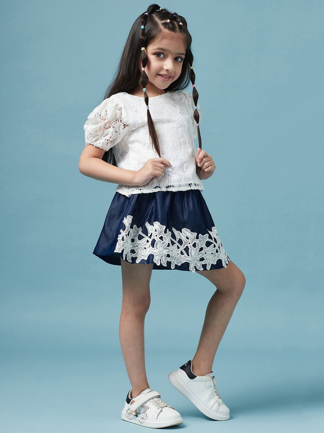 Girls Self Design Round Neck Top With Skirt - Mini Marvels - Distacart