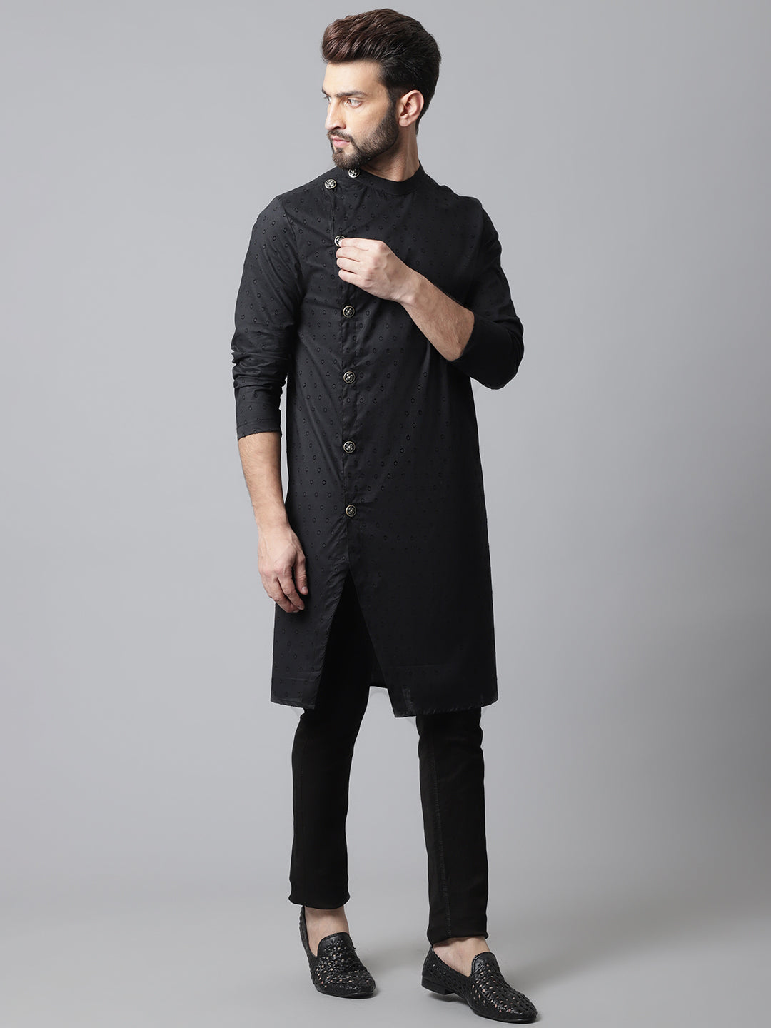 Even Apparels Black Pure Cotton Kurta With Band Collar - Distacart