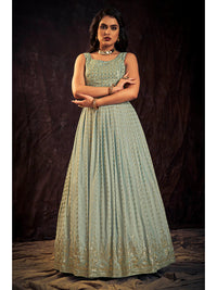 Thumbnail for Myra Light Blue Real Georgette Designer Gown Style Suit - Distacart