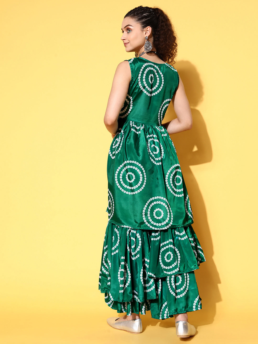 InWeave Women's Green Bandhani Motif Tiered Sharara Set - Distacart