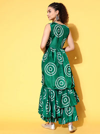 Thumbnail for InWeave Women's Green Bandhani Motif Tiered Sharara Set - Distacart