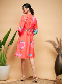 Thumbnail for InWeave Women's Dark Orange Pink Blue Flower Belted Dress - Distacart