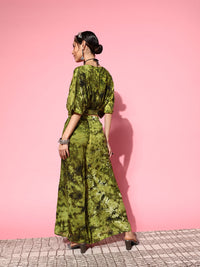 Thumbnail for InWeave Women's Olive Tie And Dye New Neckline Top Culottes Set - Distacart
