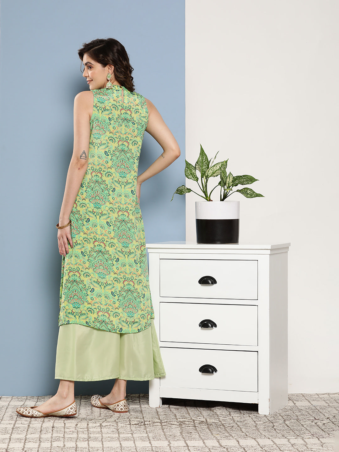 InWeave Women's Green Pastel Print Halter Kurta Set - Distacart