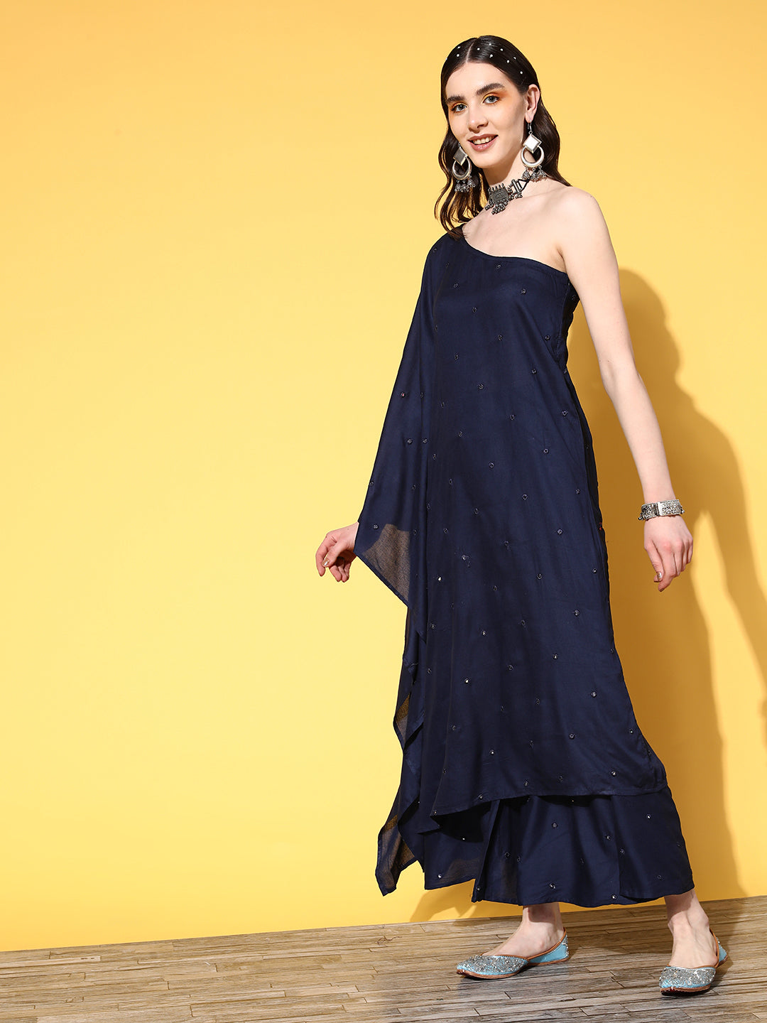 InWeave Women's Navy Mirror Work One Shoulder Kurta Set With Dupatta - Distacart