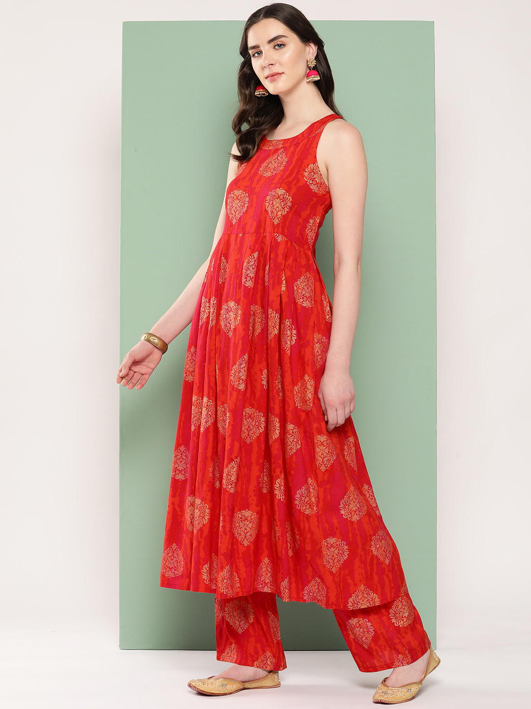 InWeave Women's Rust Mughal Print Raisa Back Detial Long Coords Set - Distacart