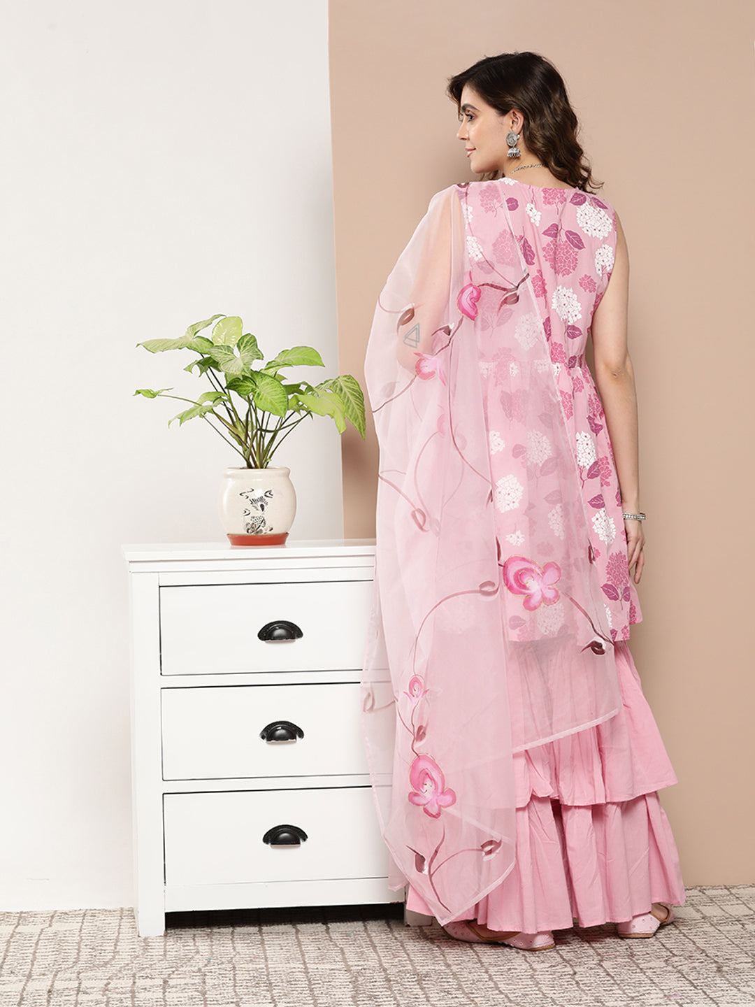 InWeave Women's Pink Printed Chintz Tiered Sharara Set With Dupatta - Distacart