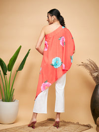 Thumbnail for InWeave Women's Dark Orange Pink Blue Flower One Shoulder Kurta - Distacart