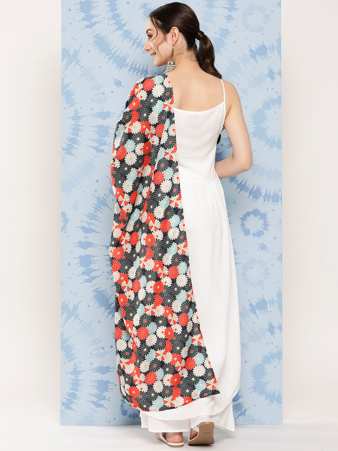 InWeave Women's White Strappy Set With White Red Round Motif Dupatta - Distacart