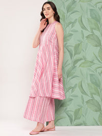 Thumbnail for InWeave Women's Pink Kantha Striped Kurta Set - Distacart