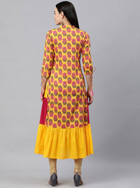 Thumbnail for HERE&NOW Women Yellow & Pink Ethnic Motifs Pure Cotton Printed Kurta - Distacart